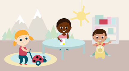 Children play in kindergarten. A girl pulls a gurney, a boy draws the sun and a child jumps on a rubber jumper horse. Children are Caucasians and African or African American.