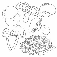 Cute mushrooms with face vector  clip art set. Comic, outline and hand draw style. Autumn mood. Isolated line art. Icon collection. Print, banner, poster, greeting card and menu design element.