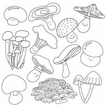 Set of icons of cute mushrooms in a linear style isolated on a white background. Mushrooms with muzzles. Ideal for print, banner, post, print, menu design, illustrations and more.