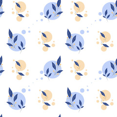 seamless pattern of twigs with blue leaves on a background of yellow and blue circles