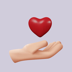 3D icon of a hand holding a heart. The concept of love, health. Color vector illustration, realistic style. Isolated background. EPS10