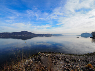 Lago Maggiore Italy scenery view from Meina near Stresa and Arona , a winter day of 2021 landscape