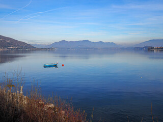 Lago Maggiore Italy scenery view from Meina near Stresa and Arona , a winter day of 2021 landscape