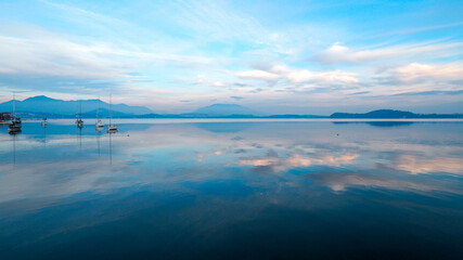 Lago Maggiore Italy scenery view from Lesa near Stresa and Arona , a winter day of 2021