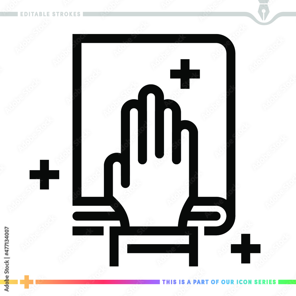 Poster line icon for taking an oath illustrations with editable strokes. this vector graphic has customizab