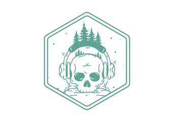 Skull head with headphone and pine trees illustration