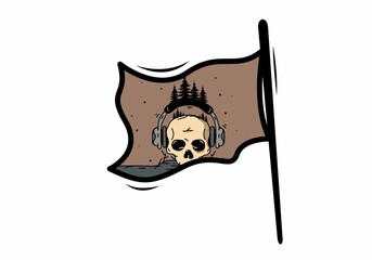 Skull head with headphone and pine trees illustration