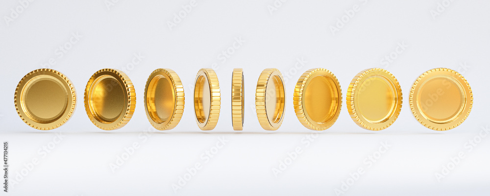 Poster isolate of golden coins in different angle and rotation view on white background by 3d rendering.