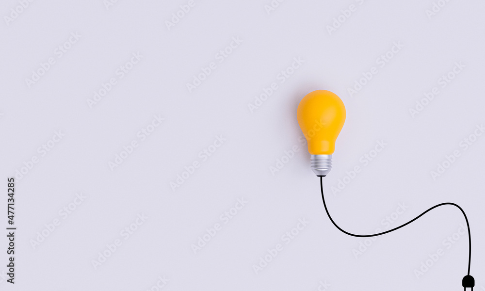 Poster isolate of yellow lightbulb with wire harness on white background for creative thinking idea to prob