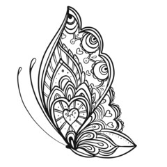 Hand drawn butterfly zentangle style inspired for t-shirt design or tattoo. Coloring book for kids and adults.