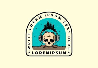 Skull head with headphone and pine trees illustration