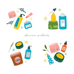 Skincare products in bottles, jars, tubes. Beauty routine illustration set. Scrub, moisturizer, lotion, serum, eye cream, toner, lip balm.