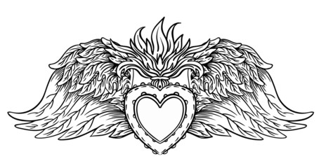 Sacred Heart of Jesus with rays. Vector illustration black isolated on white. Trendy Vintage style element. Spirituality, occultism, alchemy, magic, love. Coloring book for adults.