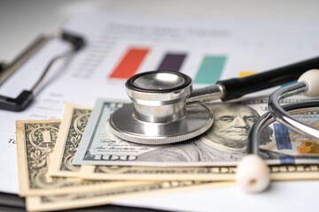 Stethoscope and US dollar banknotes on chart or graph paper, Financial, account, statistics and business data  medical health concept.