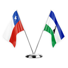 Two table flags isolated on white background 3d illustration, chile and lesotho