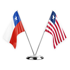 Two table flags isolated on white background 3d illustration, chile and liberia