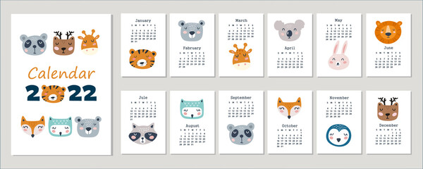 Calendar 2022 with animals. Vector illustrations