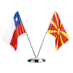 Two table flags isolated on white background 3d illustration, chile and north macedonia