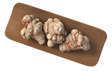 Dried notoginseng in the wooden bowl,  isolated on white background, top view