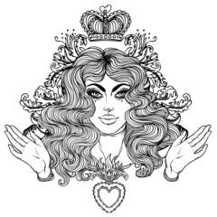 Madonna, Lady of Sorrow. Devotion to the Immaculate Heart of Blessed Virgin Mary, Queen of Heaven. Vector illustration isolated. Coloring book for adults. Tattoo design.