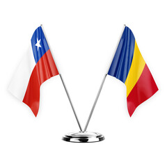 Two table flags isolated on white background 3d illustration, chile and romania