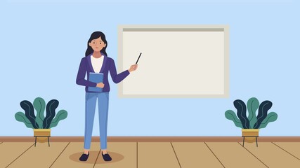 young woman teaching in chalkboard animation