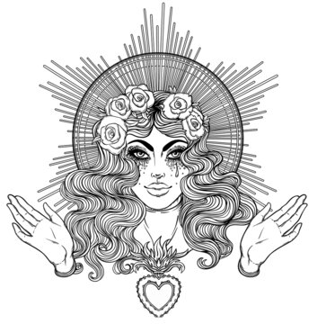 Madonna, Lady of Sorrow. Devotion to the Immaculate Heart of Blessed Virgin Mary, Queen of Heaven. Vector illustration isolated. Coloring book for adults. Tattoo design.