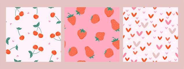 Set of cute seamless valentine s day vibe patterns. Vector graphics.