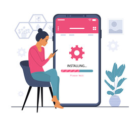 Woman waiting for the application to be installed on her smartphone. Vector illustration.