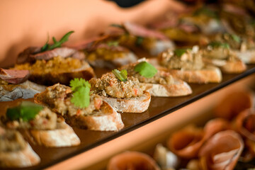 Selective focus of delicious appetizing bruschettas on a tray
