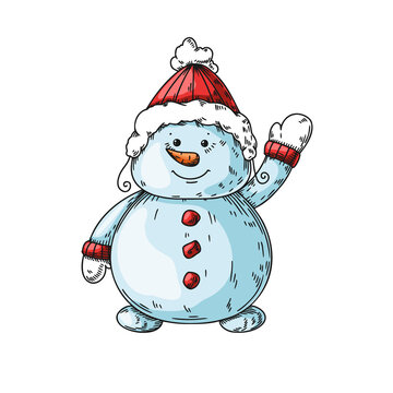 Cute Christmas snowman in doodle style. Vector illustration. Christmas