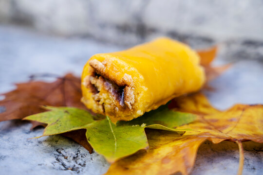 Delicious typical sweet desert called Torta de Azeitao, Azeitao, Portugal