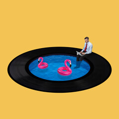 Contemporary art collage of man sitting on vinyl swimming pool with pink flamingo swimming circles isolated over yellow background