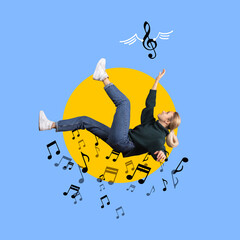 Contemporary art collage of young girl falling into music notes isolated over blue background
