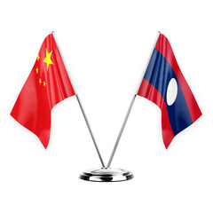 Two table flags isolated on white background 3d illustration, china and laos