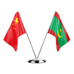 Two table flags isolated on white background 3d illustration, china and mauritania