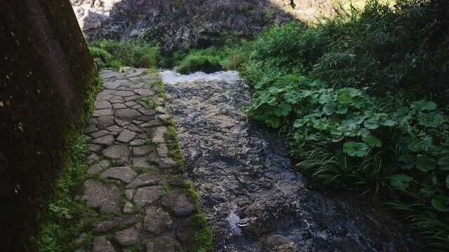 Cobblestone Path in Gujo Hachiman City, Water Flowing Into Yoshida River