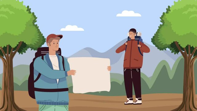 male campers with paper map characters animation