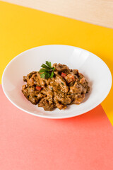 Delicious Contemporary Classic Food Pizza Dish Plate Menu Lunch Dinner Gourmet Dessert Chef Pasta Shrimp Cocktail Drink on Color Background