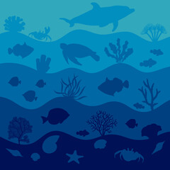 Fototapeta na wymiar Underwater illustration with animals, fish and corals. Marine vector background.