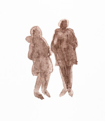 sketch of silhouettes of two women in winter jackets hand drawn by watercolor on white textured paper