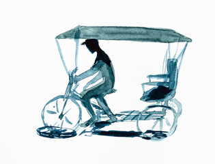 sketch of cycle rickshaw in Havana city hand drawn by watercolor on white textured paper - obrazy, fototapety, plakaty