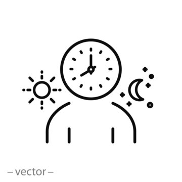 Phases Day And Night, Time Sleep Or Wake, Human Circadian Rhythm Icon, Life Cycle Clock, Thin Line Symbol - Editable Stroke Vector Illustration