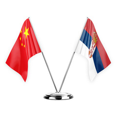 Two table flags isolated on white background 3d illustration, china and serbia