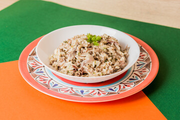 Delicious Contemporary Classic Food Pizza Dish Plate Menu Lunch Dinner Gourmet Dessert Chef Pasta Shrimp Cocktail Drink on Color Background