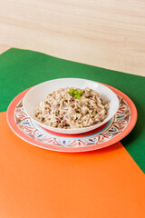 Delicious Contemporary Classic Food Pizza Dish Plate Menu Lunch Dinner Gourmet Dessert Chef Pasta Shrimp Cocktail Drink on Color Background