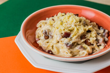 Delicious Contemporary Classic Food Pizza Dish Plate Menu Lunch Dinner Gourmet Dessert Chef Pasta Shrimp Cocktail Drink on Color Background