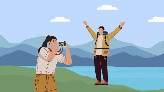 campers couple with camera photographic animation