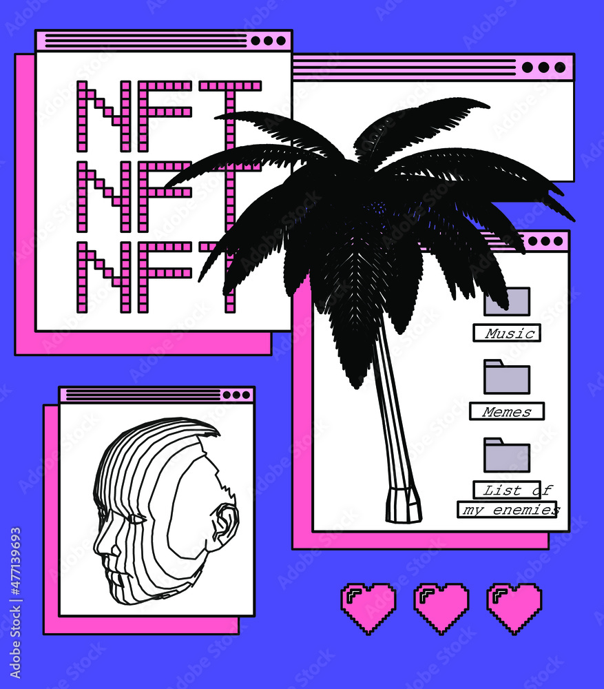 Poster NFT image concept. Collage illustration of user interface elements, 3D models of low poly palm tree and of human face.