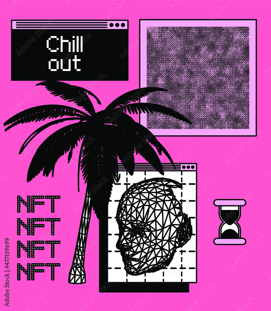 Aufkleber NFT image concept. Collage illustration of user interface elements, 3D models of low poly palm tree and of human face.